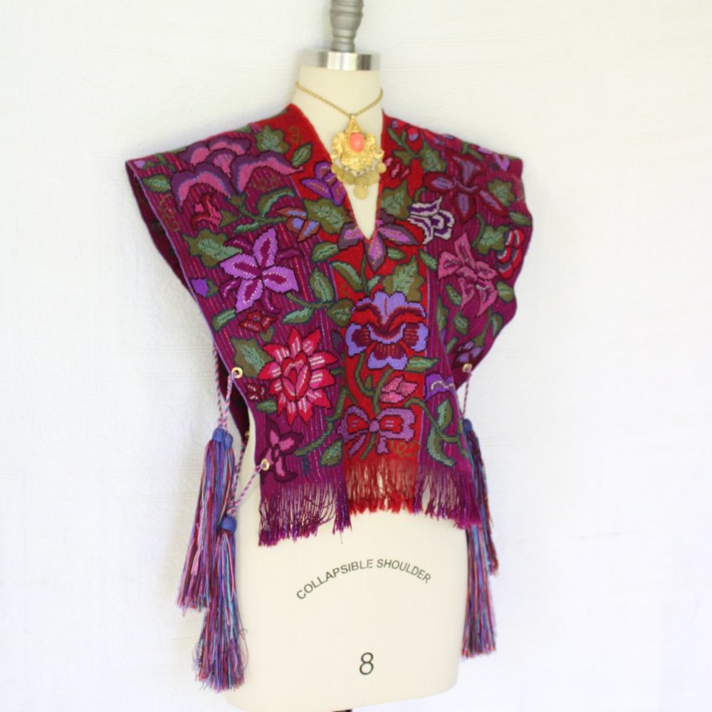 SOLD Vintage Needlepont tassel fringe woven ethnic floal aztec vest poncho - Picture 5 of 10
